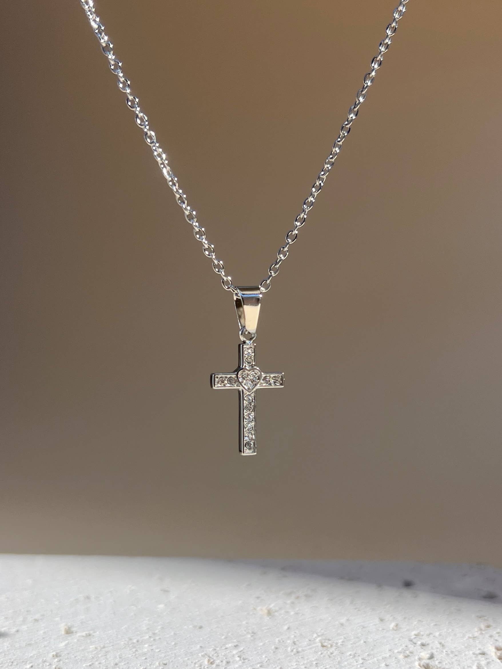 Minimalist Stainless Steel Cross Necklace with Rhinestones