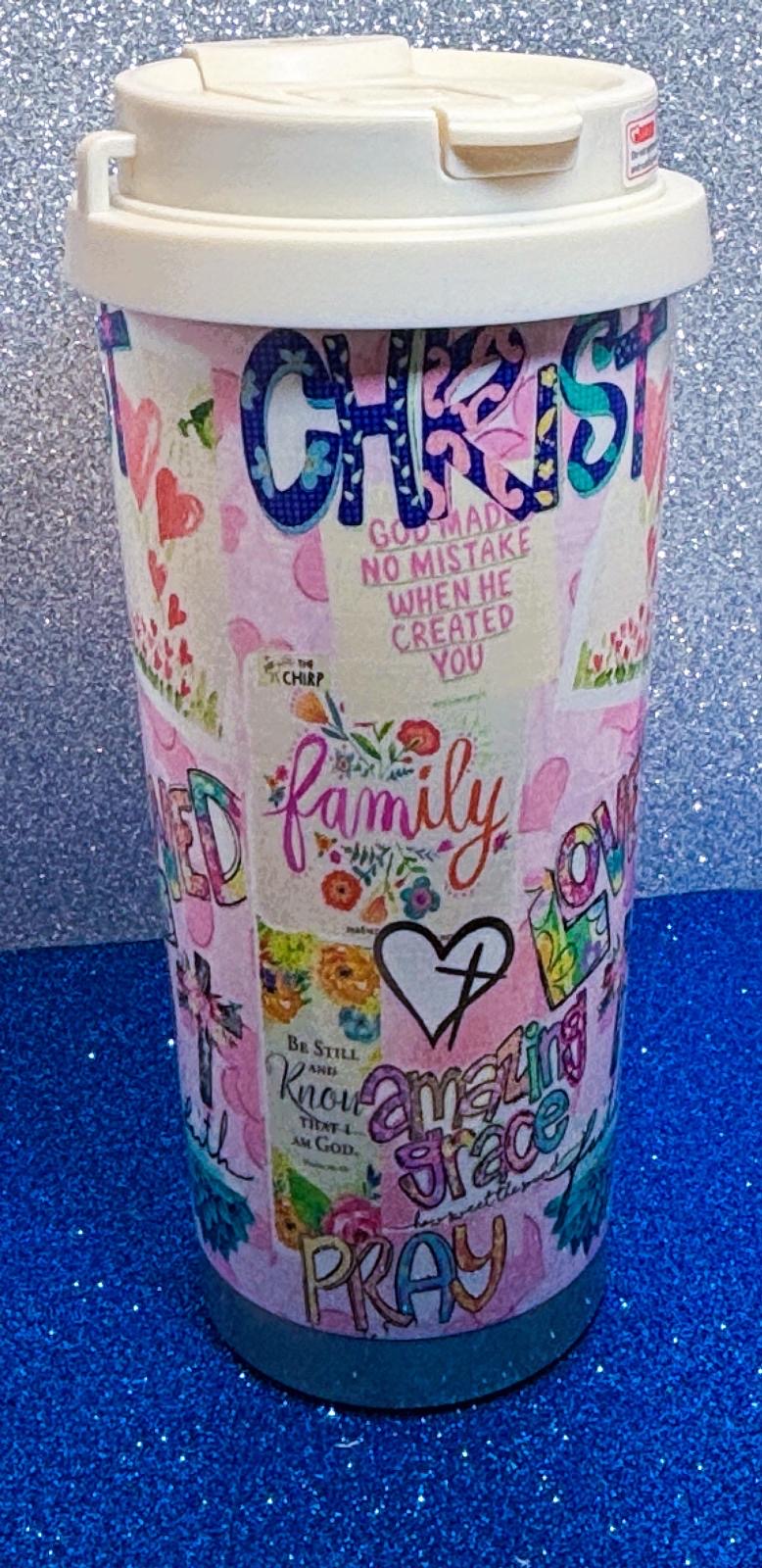 Inspirational Christian Travel Mug – Floral & Faith Collage Design