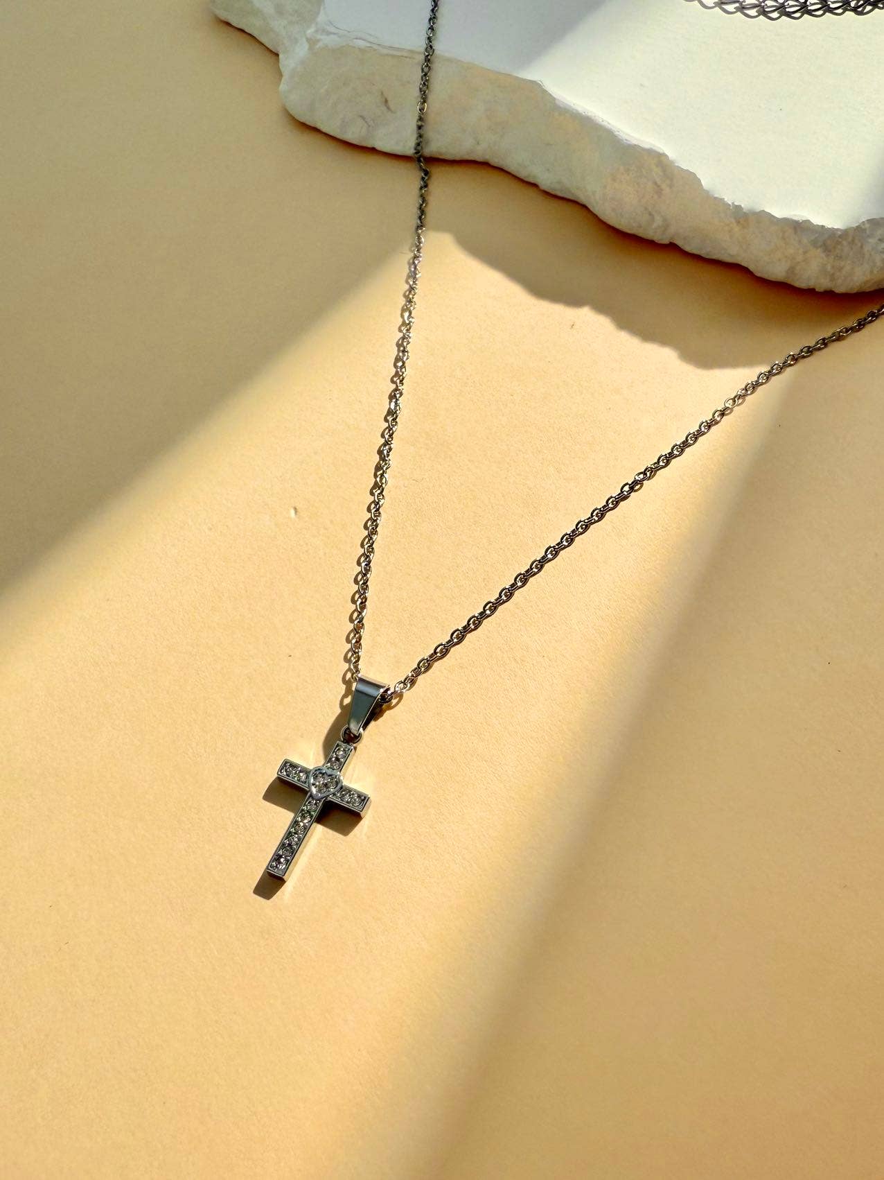 Minimalist Stainless Steel Cross Necklace with Rhinestones