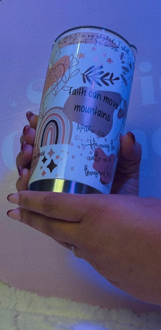 Let your faith shine with this beautifully inspired “Faith Can Move Mountains” Tumbler!
