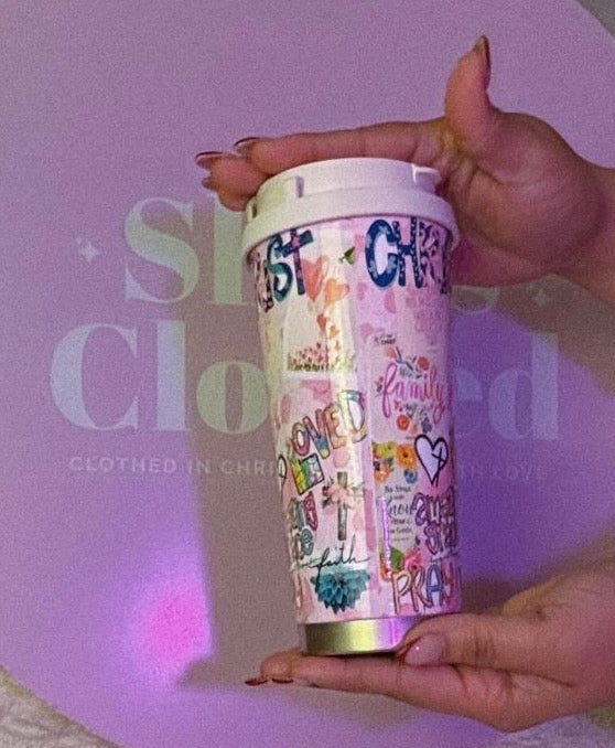 Inspirational Christian Travel Mug – Floral & Faith Collage Design