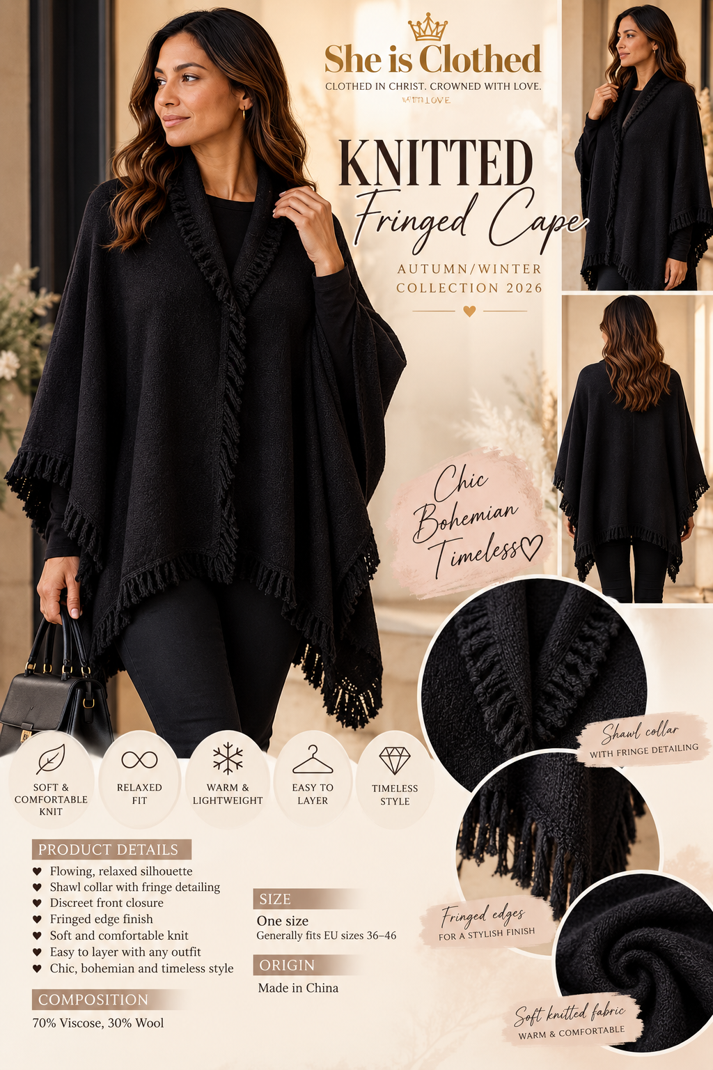 Knitted Fringed Cape - Winter Collection 2026