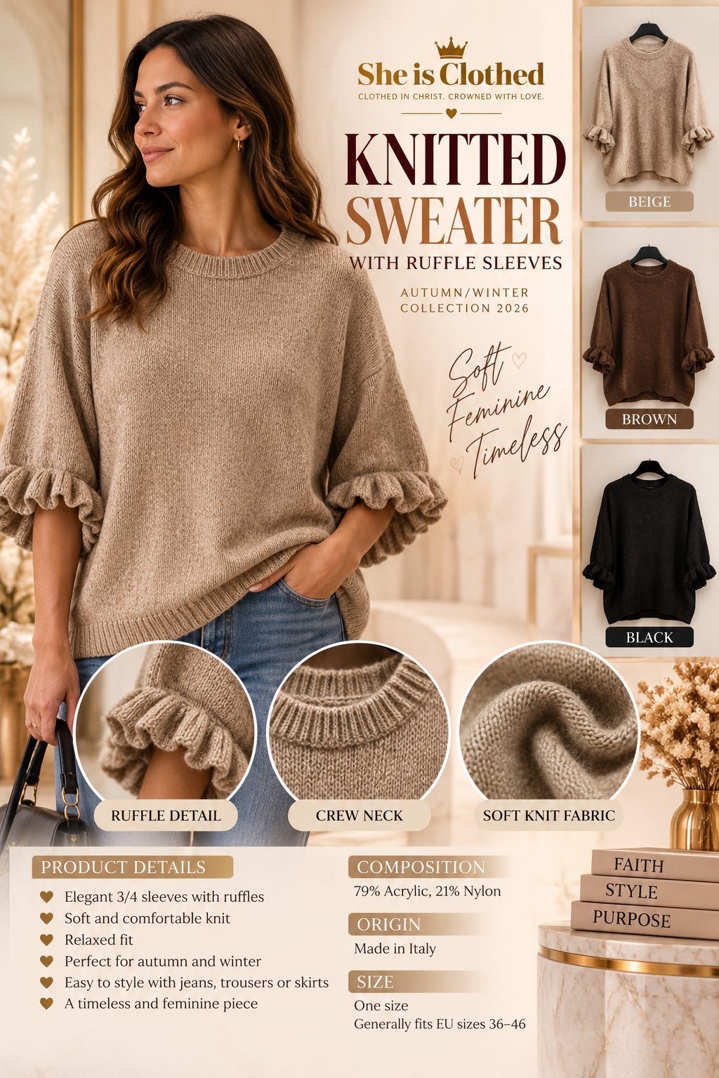 Women’s Ruffle 3/4 Sleeve Sweater - Winter Collection 2026