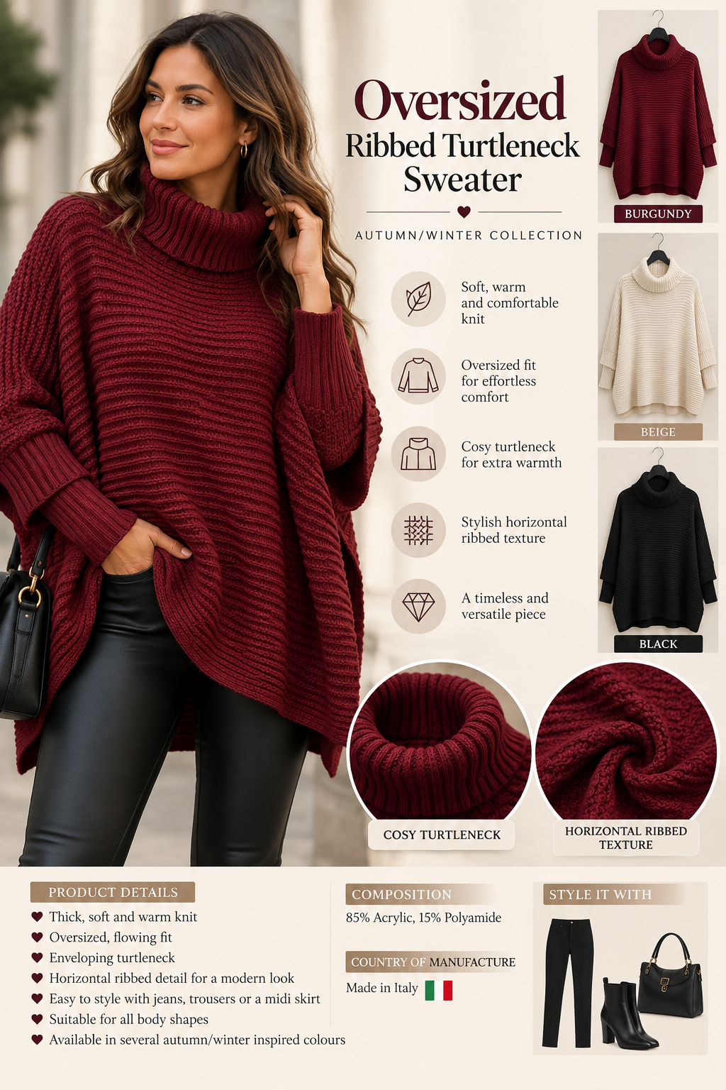 Oversized Ribbed Turtleneck Sweater - Winter Collection 2026
