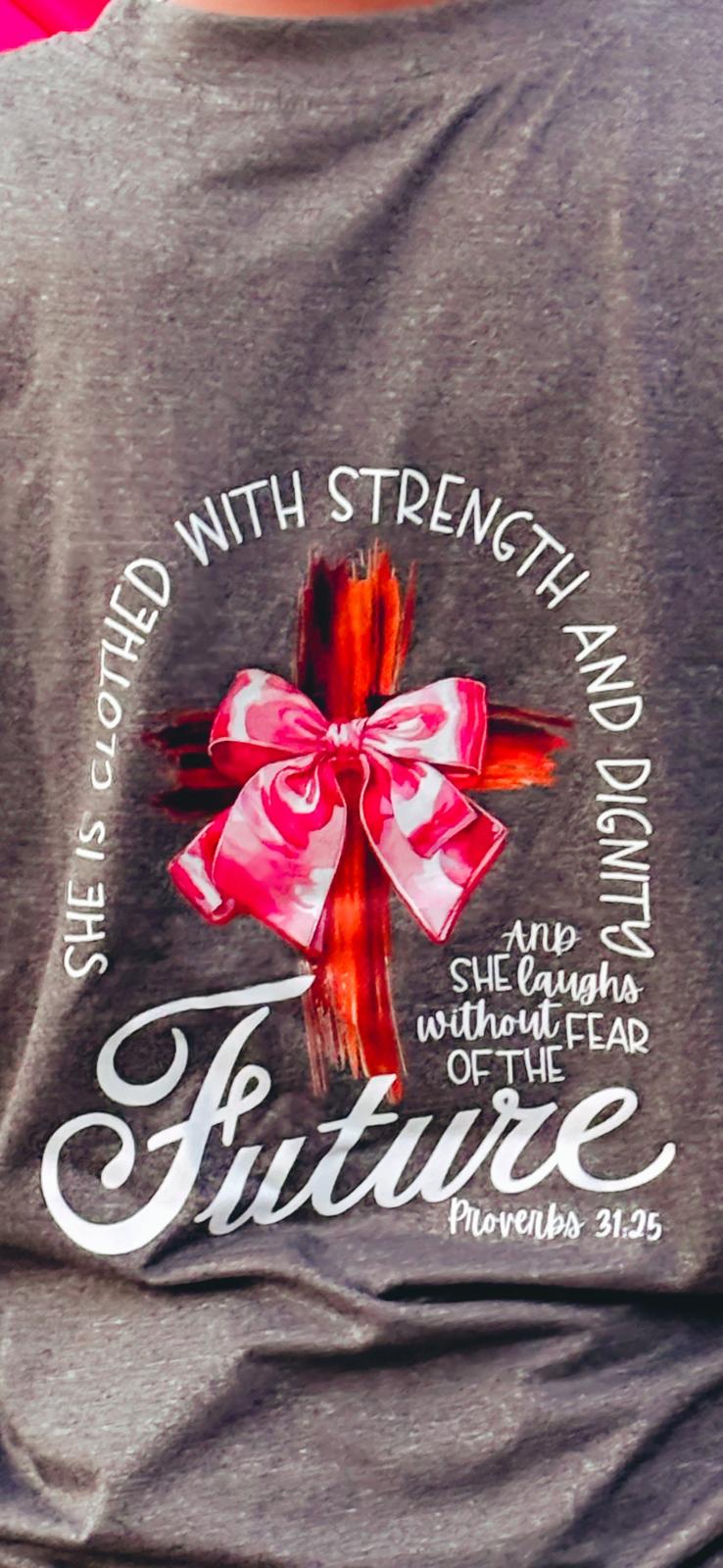 Grey “Strength & Dignity” Cross Graphic Tee – Proverbs 31:25