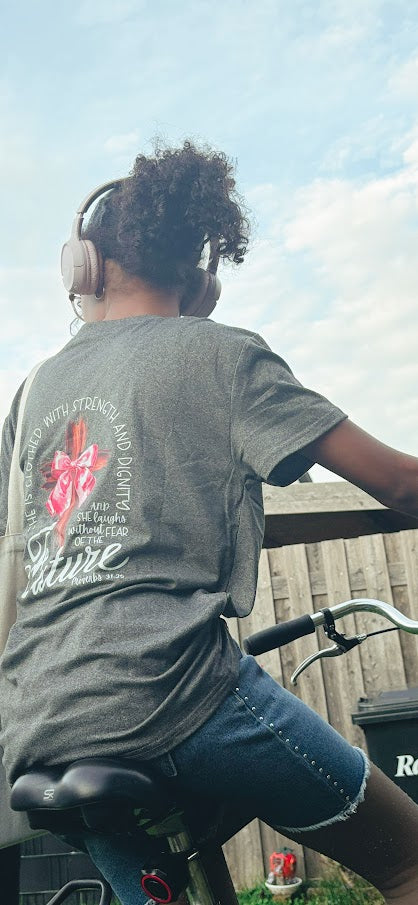 Grey “Strength & Dignity” Cross Graphic Tee – Proverbs 31:25