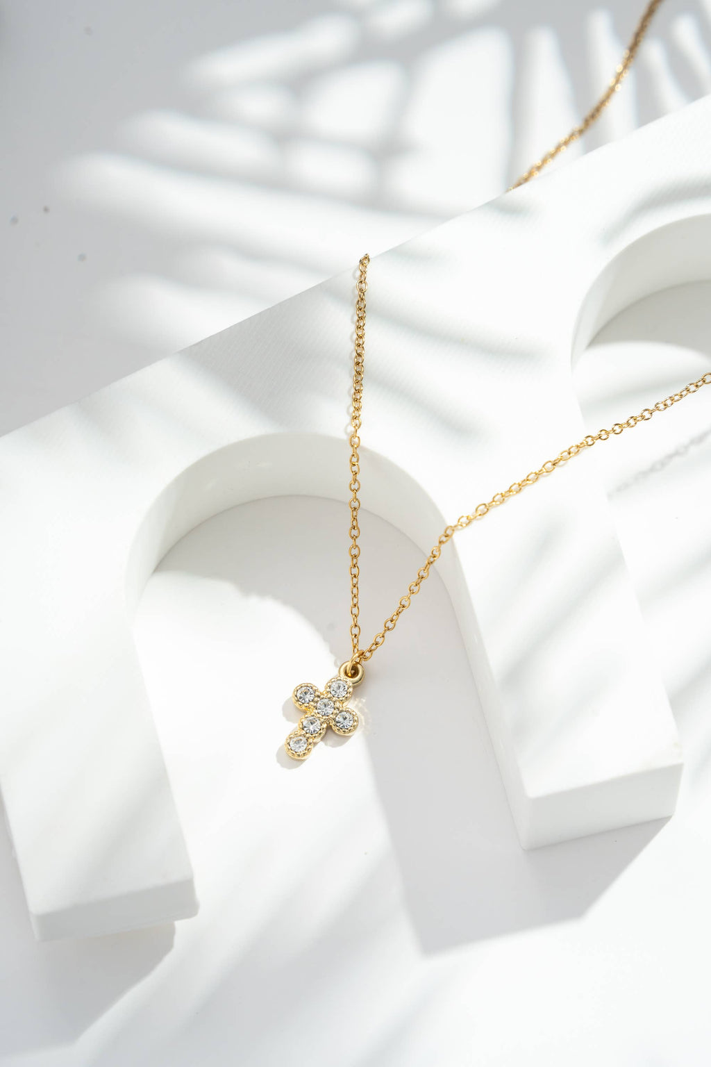 Gold Stainless Steel Cross Necklace with Crystal Accent – Elegant Design