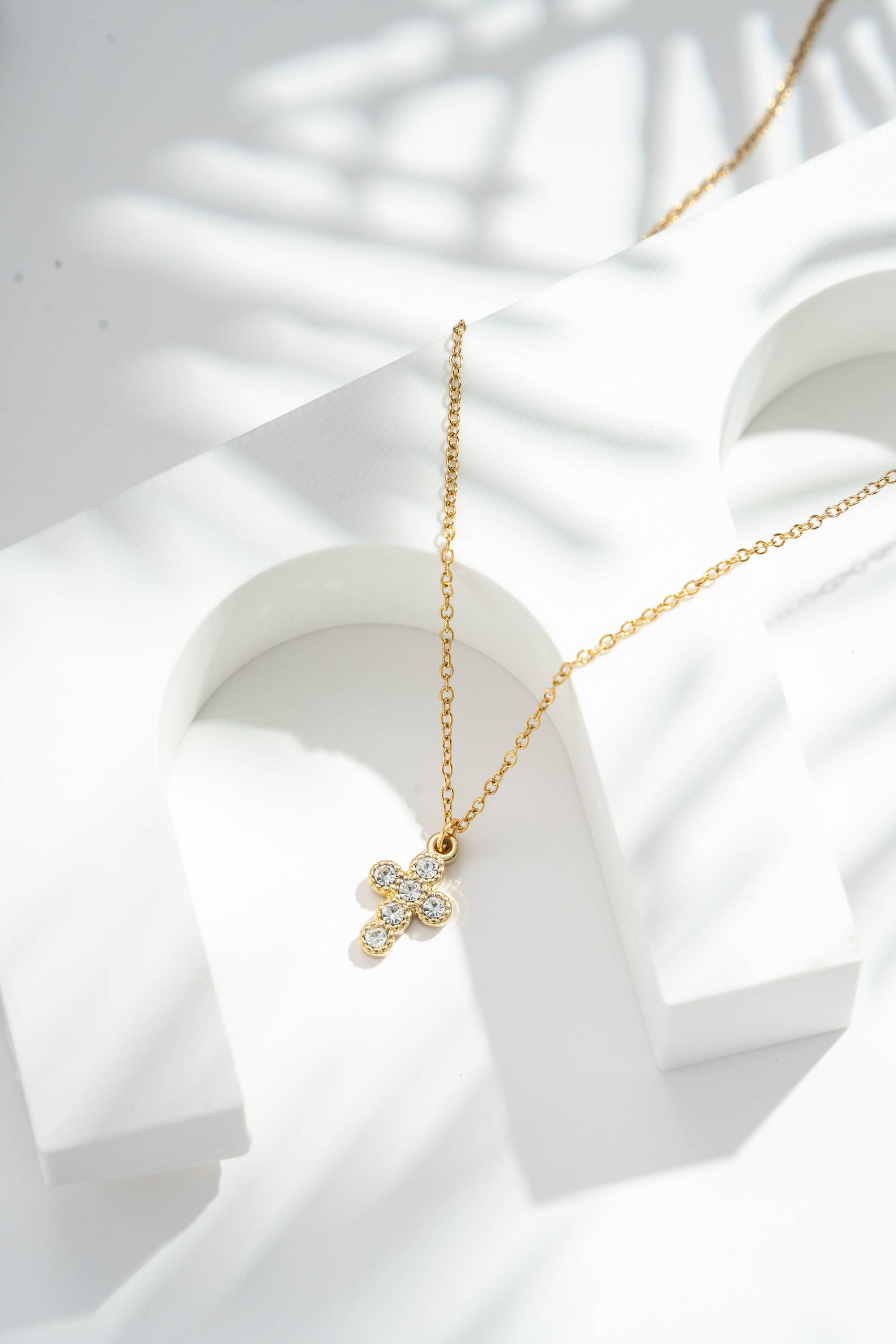 Gold Stainless Steel Cross Necklace with Crystal Accent – Elegant Design