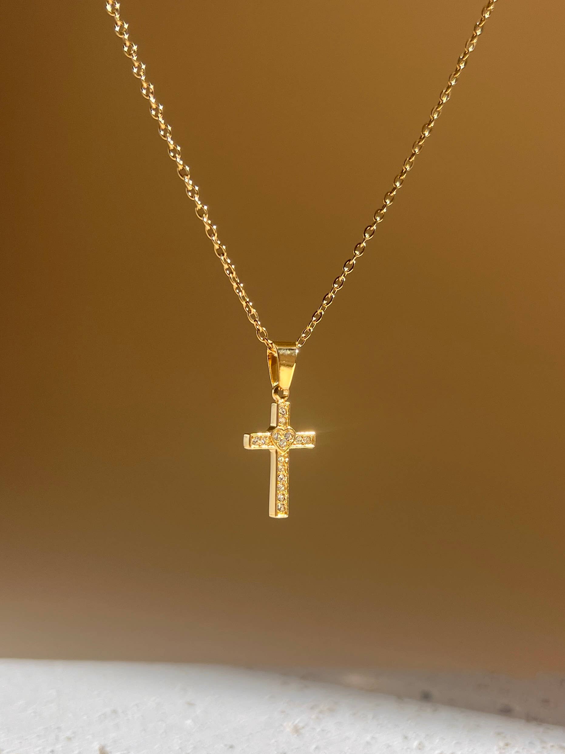 Minimalist Stainless Steel Cross Necklace with Rhinestones