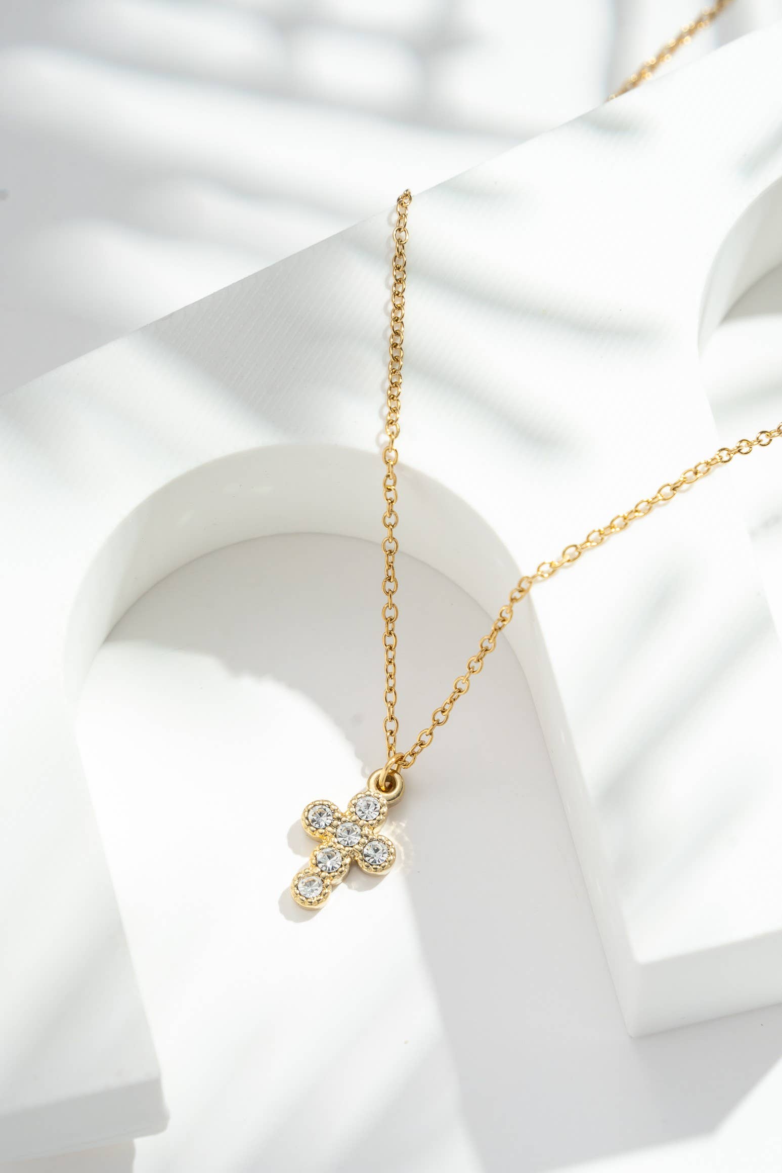 Gold Stainless Steel Cross Necklace with Crystal Accent – Elegant Design
